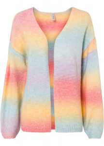 Sweter bez zapięcia, z miękkiej dzianiny z wełną, o splocie dużych oczek. Niebieskie kardigany bonprix, z dzianiny. Za 134,99 zł.