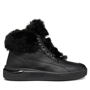 Trzewiki Geox. Czarne botki Geox, bez wzorów, bez obcasa, na płaskiej podeszwie, bez zapięcia. Za 329,99 zł.