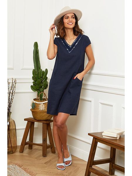 Le Monde du Lin Lniana sukienka w kolorze granatowym rozmiar: 38/40. Niebieskie sukienki Le Monde du Lin, na co dzień, bez wzorów, ze lnu, klasyczne, bez kołnierzyka, bez ramiączek, mini, proste. Za 152,62 zł.