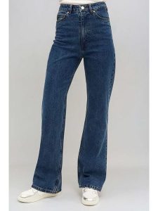 Monki Dżinsy - Regular fit - w kolorze niebieskim rozmiar: W25. Niebieskie jeansy Monki, z aplikacjami, ze skóry, z podwyższonym stanem. Za 60,73 zł.