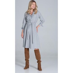 Rozkloszowana Sukienka na Guziki z Żakietowym Kołnierzykiem - Szara. Szare sukienki Figl, xl, bez wzorów, z elastanu, wizytowe, bez kołnierzyka, bez ramiączek, rozkloszowane. Za 299,00 zł.