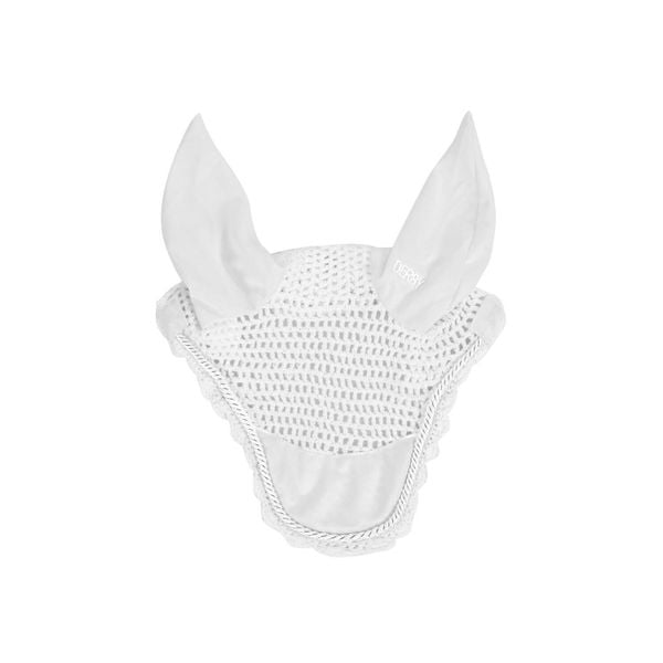 Czapka na muchy dla konia z sznurkiem Derby. Białe czapki DERBY, bez wzorów, sportowe. Za 66,65 zł.