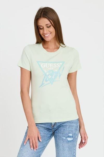 GUESS Miętowy damski t-shirt bawełniany Icon Tee, Rozmiar M. Zielone t-shirty Guess, m, z aplikacjami, z bawełny, bez kołnierzyka, bez ramiączek. W wyprzedaży za 140,99 zł.