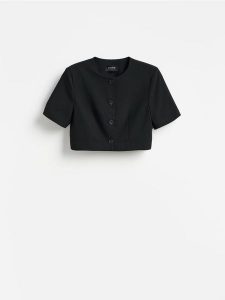 Krótki żakiet - czarny. Czarne marynarki i żakiety Reserved, l, bez wzorów, z tkaniny. Za 179,99 zł.
