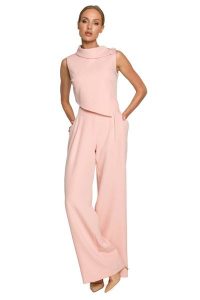 Elegancki Kombinezon z Wywijanym Kołnierzem - Pudrowy. Brązowe kombinezony MOE, l, bez wzorów, z elastanu, eleganckie, bez kołnierzyka, bez ramiączek. Za 298,90 zł.
