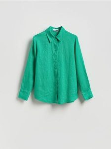 Lniana koszula - zielony. Zielone koszule Reserved, l, bez wzorów, z tkaniny, bez kołnierzyka, bez ramiączek. Za 149,99 zł.