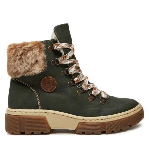 Trzewiki Rieker. Zielone botki Rieker, bez wzorów, bez obcasa, na płaskiej podeszwie, bez zapięcia. Za 295,00 zł.