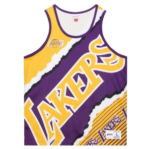 Sublimowana koszulka Lakers jumbotron 2.0. Fioletowe bluzki MITCHELL & NESS, bez wzorów, sportowe, bez kołnierzyka, bez ramiączek. Za 318,00 zł.