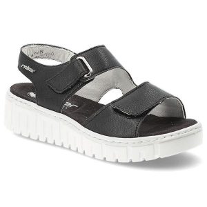 Sandały damskie Rieker, cholewka ze skóry naturalnej regulowane paski na rzepy odkryty fason, czarne, V1382-00. Czarne sandały Rieker, bez wzorów, ze skóry, bez obcasa, bez zapięcia. Za 296,90 zł.