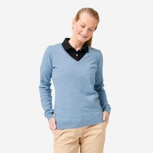 Sweter do golfa damski Inesis MW100 dekolt w serek. Niebieskie golfy INESIS, bez wzorów, z bawełny. Za 69,99 zł.