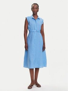 Marella Sukienka koszulowa Rodesia 2515221262 Błękitny Regular Fit. Niebieskie sukienki Marella, bez wzorów, ze lnu, bez kołnierzyka, bez ramiączek, koszulowe. Za 619,99 zł.