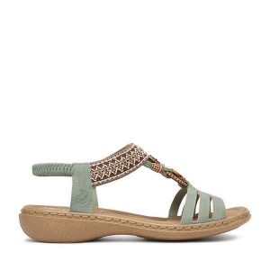 Sandały Rieker. Zielone sandały Rieker, bez wzorów, bez obcasa, na płaskiej podeszwie, bez zapięcia. Za 319,99 zł.