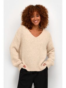 Kaffe Sweter Sarla 10506829 1311061 Beżowy Relaxed Fit. Brązowe swetry klasyczne Kaffe, xxl, z syntetyku, bez kołnierzyka. Za 279,99 zł.
