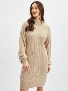 Orsay Sukienka dzianinowa w kolorze beżowym rozmiar: L. Brązowe sukienki Orsay, na co dzień, l, bez wzorów, z dzianiny, bez kołnierzyka, bez ramiączek, midi, proste. Za 80,95 zł.
