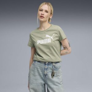 Damska koszulka z logo ESS No. 1 PUMA Lux Army Green. Zielone bluzki Puma, bez wzorów, sportowe, bez kołnierzyka, bez ramiączek. Za 99,00 zł.