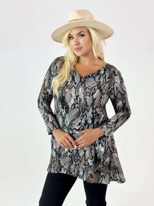 Asymetryczna tunika Ewelina w wężowy print XXL OVERSIZE JESIEŃ. Tuniki Moda Size Plus Iwanek, na co dzień, na jesień, s, bez wzorów, z elastanu, eleganckie, z asymetrycznym kołnierzem, bez ramiączek. Za 199,90 zł.