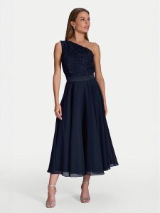 Swing Sukienka koktajlowa 5AI01500 Granatowy Regular Fit. Niebieskie kombinezony Swing, bez wzorów, z syntetyku, wizytowe, bez kołnierzyka, bez ramiączek. Za 469,99 zł.
