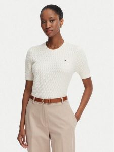 Tommy Hilfiger Sweter Cable Fine WW0WW41787 Kremowy Regular Fit. Białe swetry klasyczne TOMMY HILFIGER, s, z bawełny, bez kołnierzyka. Za 489,99 zł.