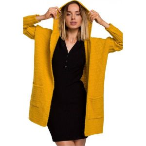 Kardigan oversize z wełną i obszernym kapturem wąskie rękawy żółty. Żółte kardigany Polskie swetry, z materiału. Za 289,00 zł.