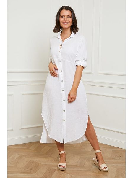 Curvy Lady Lniana sukienka w kolorze białym rozmiar: 48/50. Białe sukienki Curvy Lady, bez wzorów, ze lnu, klasyczne, bez kołnierzyka, bez ramiączek, maxi. Za 158,47 zł.