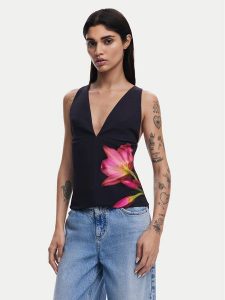 Desigual Bluzka 25SWBW09 Czarny Regular Fit. Czarne bluzki Desigual, s, bez wzorów, z syntetyku, bez kołnierzyka, bez ramiączek. Za 209,99 zł.