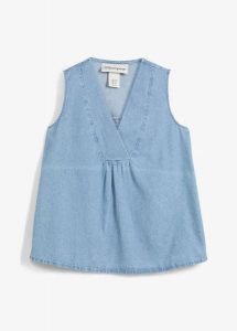 Top dżinsowy. Niebieskie topy bonprix, bez wzorów, bez kołnierzyka, bez ramiączek. Za 37,99 zł.