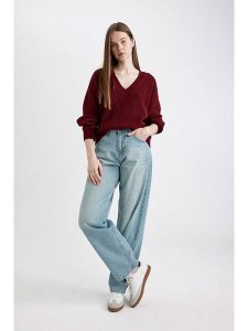 DeFacto Sweter w kolorze bordowym rozmiar: L. Czerwone swetry oversize DeFacto, l, bez wzorów, ze splotem, bez ramiączek. Za 86,99 zł.