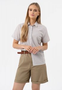 Koszula damska w paski C-FIDA. Brązowe koszule Volcano, l, bez wzorów, z bawełny, bez kołnierzyka, bez ramiączek. Za 99,99 zł.