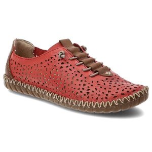 Półbuty damskie Rieker, cholewka ze skóry naturalnej licowej z ażurową perforacją fason na płaskiej podeszwie, czerwone, M2856-33. Czerwone półbuty Rieker, w ażurowe wzory, ze skóry, bez obcasa, na płaskiej podeszwie, bez zapięcia. Za 329,00 zł.