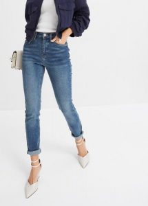 Dżinsy skinny, high waist. Niebieskie jeansy bonprix, bez wzorów, z jeansu, z podwyższonym stanem. Za 144,99 zł.