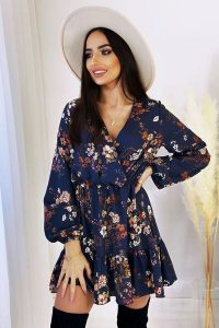 Wzorzysta Mini Sukienka z Falbankami - Kwiaty. Niebieskie sukienki Ivon, s, bez wzorów, z materiału, wizytowe, bez kołnierzyka, bez ramiączek, mini. Za 189,90 zł.