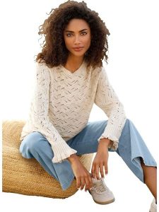 Heine Sweter w kolorze beżowym rozmiar: 42. Brązowe swetry oversize Heine, bez wzorów, ze splotem, bez ramiączek. Za 104,99 zł.