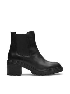 Geox Botki D Damiana E D16QCE 00043 C9999 Czarny. Czarne botki Geox, bez wzorów, ze skóry, bez obcasa, na słupku, bez zapięcia. Za 439,99 zł.