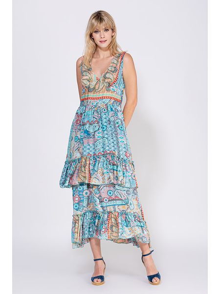 Peace & Love Sukienka w kolorze beżowo-turkusowym rozmiar: XL. Brązowe sukienki Peace & Love, xl, bez wzorów, bez kołnierzyka, bez ramiączek, maxi. Za 69,91 zł.