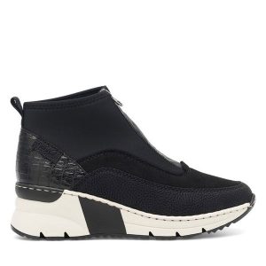 Botki Rieker. Czarne botki Rieker, bez wzorów, bez obcasa, na koturnie, bez zapięcia. Za 263,00 zł.