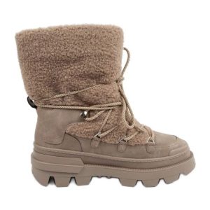 Buty śniegowce Lee Cooper LCJ-24-47-3149L beżowy. Brązowe buty zimowe z materiału, przed kolano, bez obcasa, bez zapięcia. Za 332,50 zł.