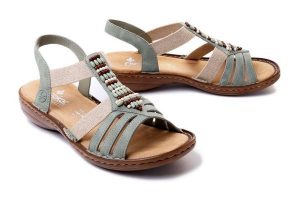 RIEKER 60851-52 green, sandały damskie. Zielone sandały Rieker, bez wzorów, bez obcasa, na koturnie, bez zapięcia. Za 202,93 zł.