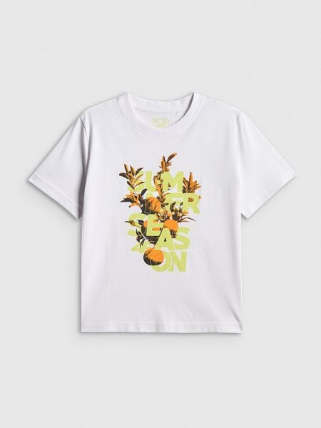 4F T-shirt boxy z nadrukiem damski - biały S. Białe t-shirty 4f, s, bez wzorów, z bawełny, bez kołnierzyka, bez ramiączek. Za 69,99 zł.