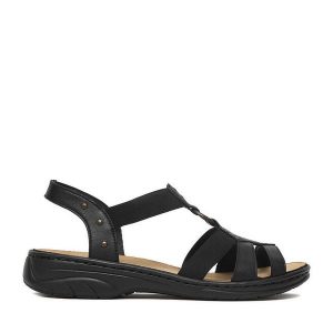 Sandały Rieker. Czarne sandały Rieker, bez wzorów, bez obcasa, na płaskiej podeszwie, bez zapięcia. Za 299,99 zł.