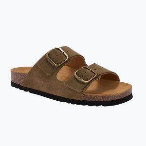 Klapki damskie Scholl Josephine Suede. Zielone klapki Scholl, bez wzorów, z materiału, bez obcasa. Za 409,99 zł.