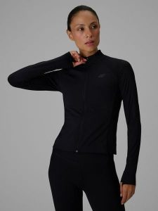 4F Bluza do jogi slim szybkoschnąca damska - czarna S. Czarne bluzy 4f, l, bez wzorów, z włókna, bez kaptura. Za 199,99 zł.