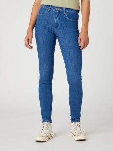 Wrangler Dżinsy "Eye Love You" - Skinny fit - w kolorze niebieskim rozmiar: W28/L32. Niebieskie jeansy Wrangler, z aplikacjami, z bawełny, z podwyższonym stanem. Za 144,58 zł.