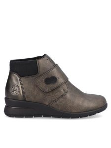 Rieker Botki L4884-90 Srebrny. Szare botki Rieker, bez wzorów, ze skóry, bez obcasa, na koturnie, bez zapięcia. Za 299,99 zł.
