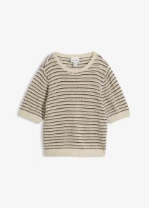 Sweter ażurowy z domieszką lnu. Brązowe swetry klasyczne bonprix, na wiosnę, z bawełny, bez kołnierzyka. Za 132,99 zł.