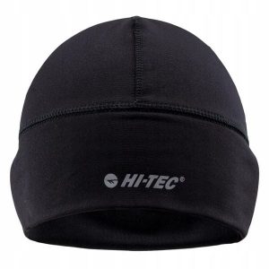 Termoaktywna czapka do biegania Hi-tec Jannu. Czarne czapki Hi-tec, bez wzorów, z dzianiny, sportowe. Za 60,50 zł.