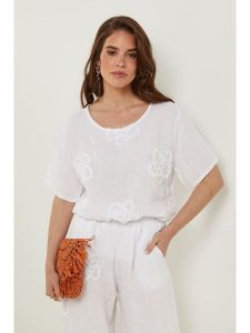 Rodier Lin Lniana koszulka w kolorze białym rozmiar: XL/XXL. Białe bluzki Rodier Lin, xl, bez wzorów, ze lnu, bez kołnierzyka, bez ramiączek. Za 140,86 zł.
