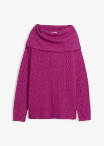 Sweter we wzór w warkocze. Fioletowe swetry klasyczne bonprix, xxl, bez kołnierzyka. Za 119,99 zł.