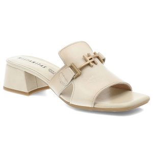 Beżowe Klapki Hispanitas Eleganckie Obuwie Damskie Na Obcasie. Brązowe klapki Hispanitas, z aplikacjami, ze skóry, bez obcasa, na obcasie. Za 499,00 zł.