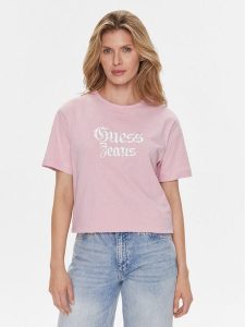 Guess T-Shirt Gothic W4RI49 K6XN4 Fioletowy Regular Fit. Fioletowe t-shirty Guess, m, z aplikacjami, z bawełny, bez kołnierzyka, bez ramiączek. Za 219,99 zł.