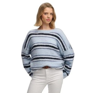 Sweter w paski z miękkiej dzianiny dla kobiet Superdry. Niebieskie swetry klasyczne Superdry, na zimę, z dzianiny, bez kołnierzyka. Za 288,40 zł.